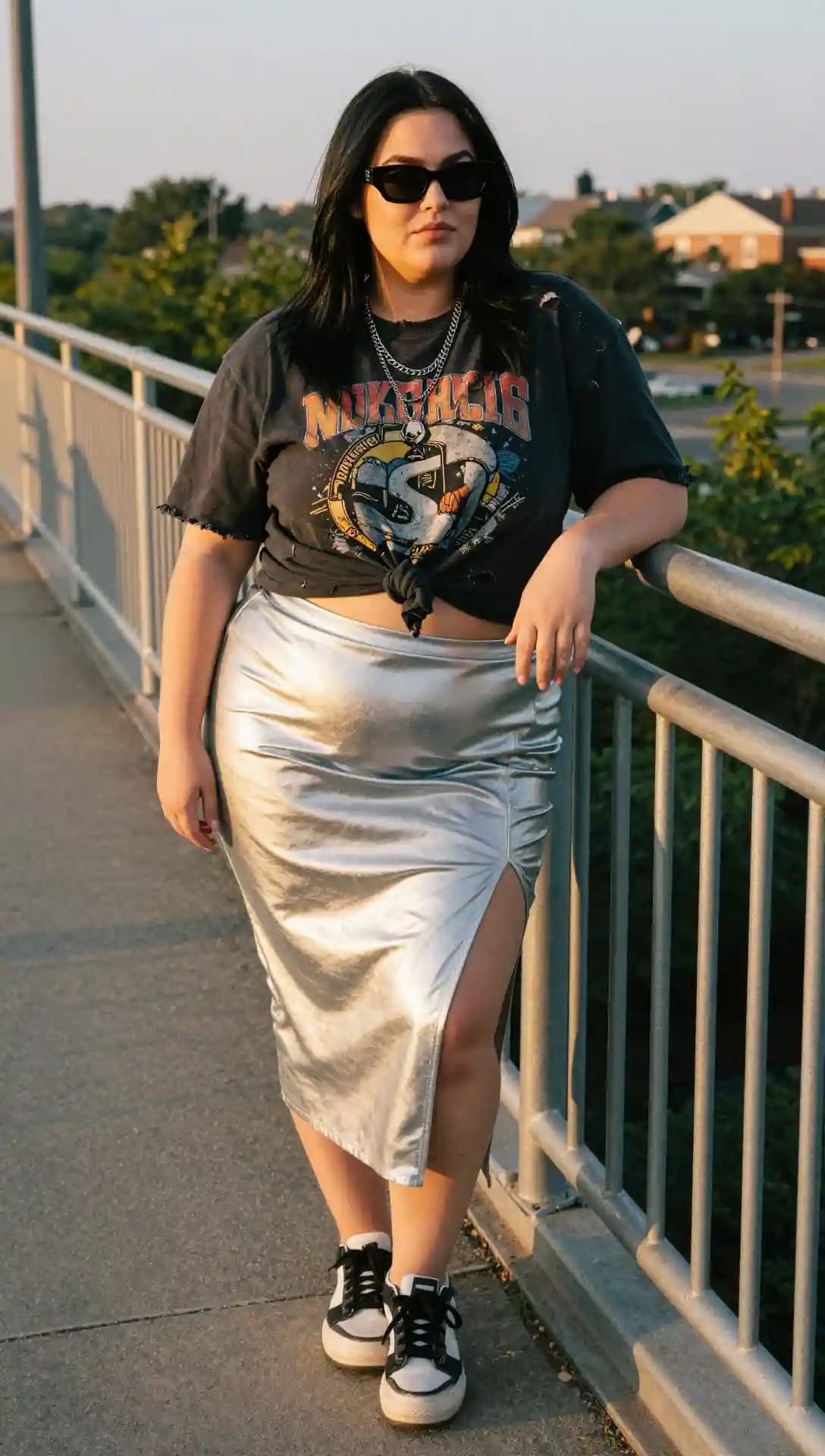 Graphic Band T-Shirt + Silver Ruched Skirt