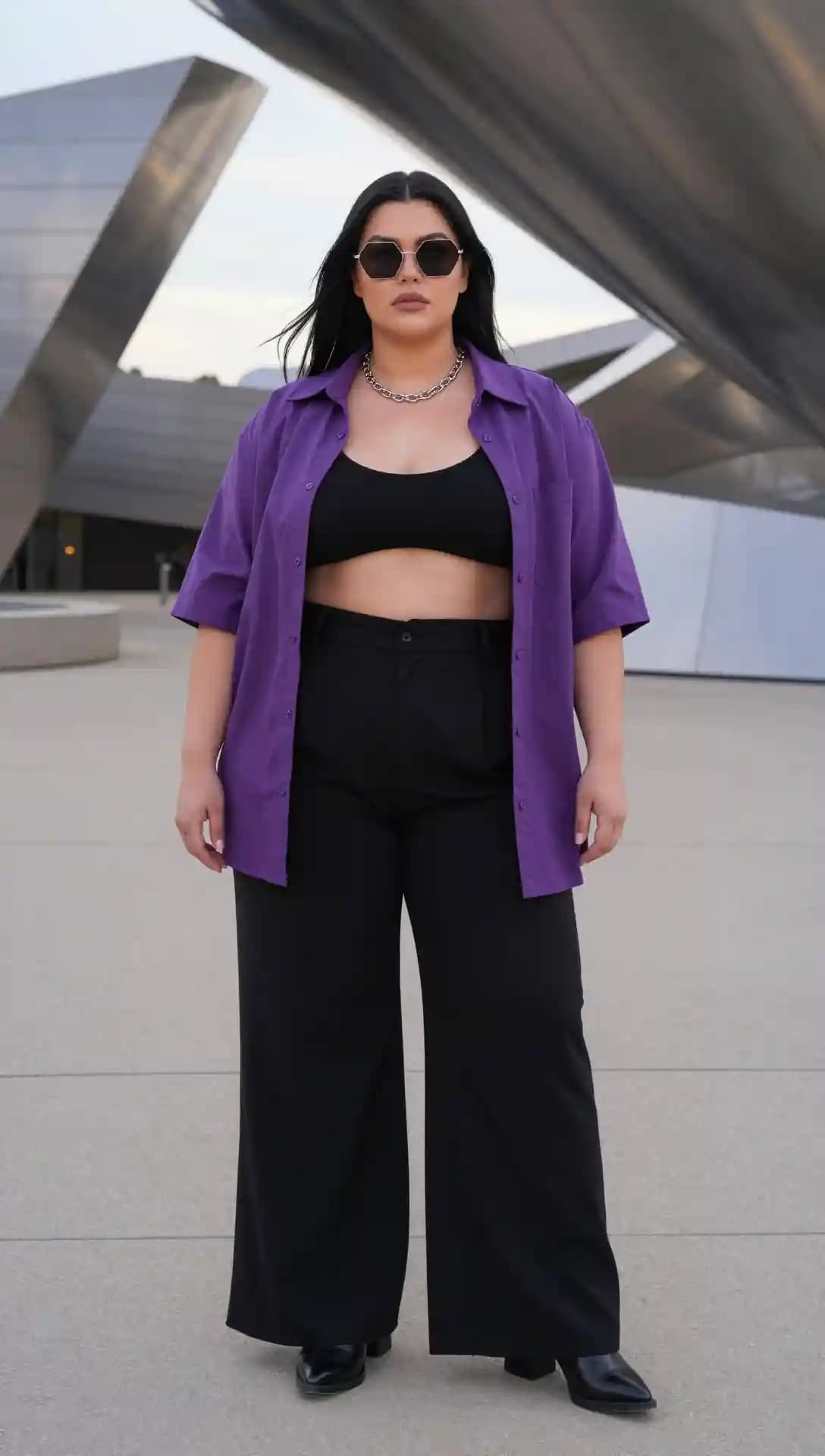 Purple Button-Up Shirt + Black Bralette + Black Wide-Leg Pants