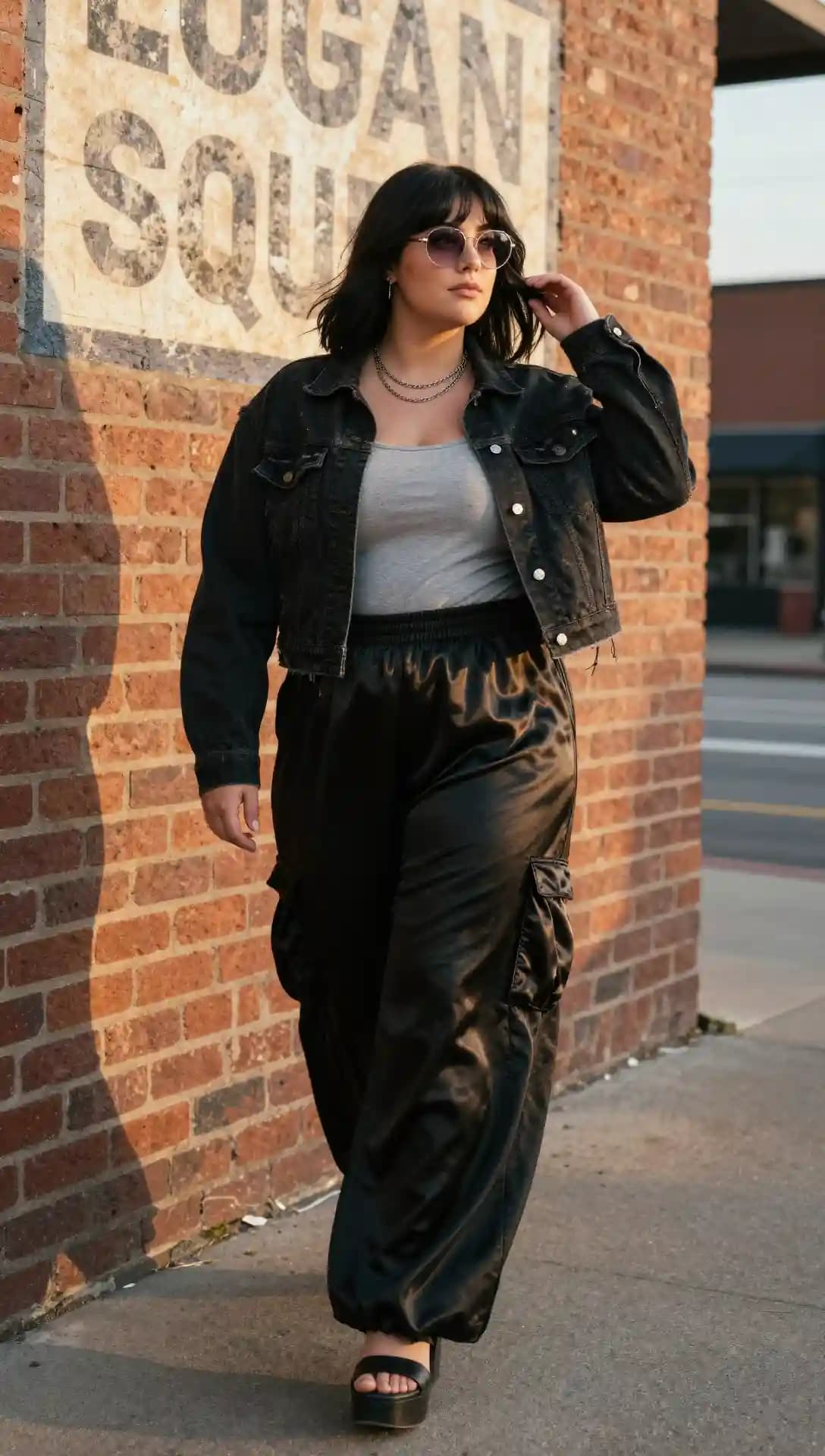 Denim Jacket + Grey Tank Top + Black Satin Cargo Pants