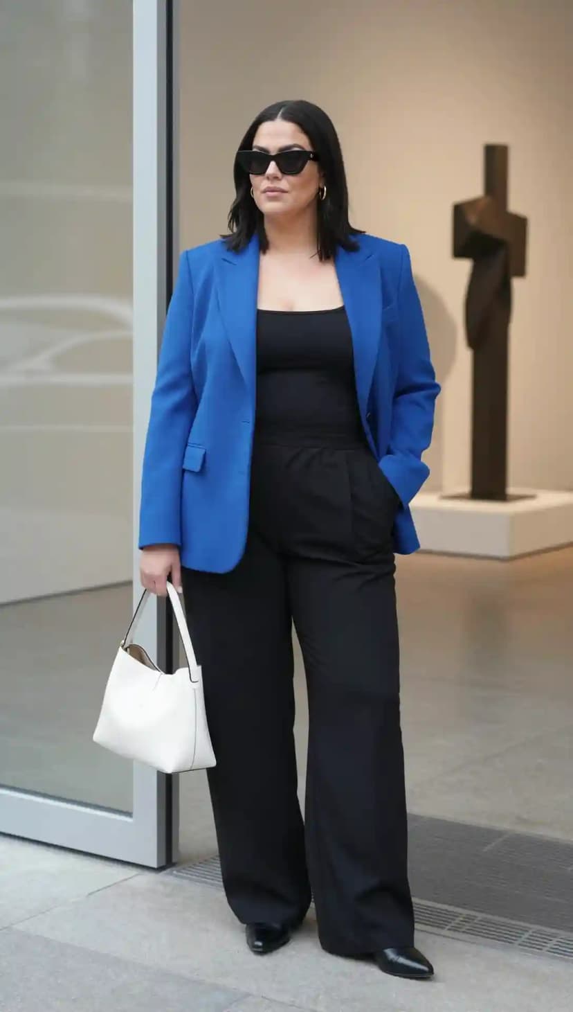 Blue Wool Blazer + Black Corset Top + Black Wide-Leg Trousers