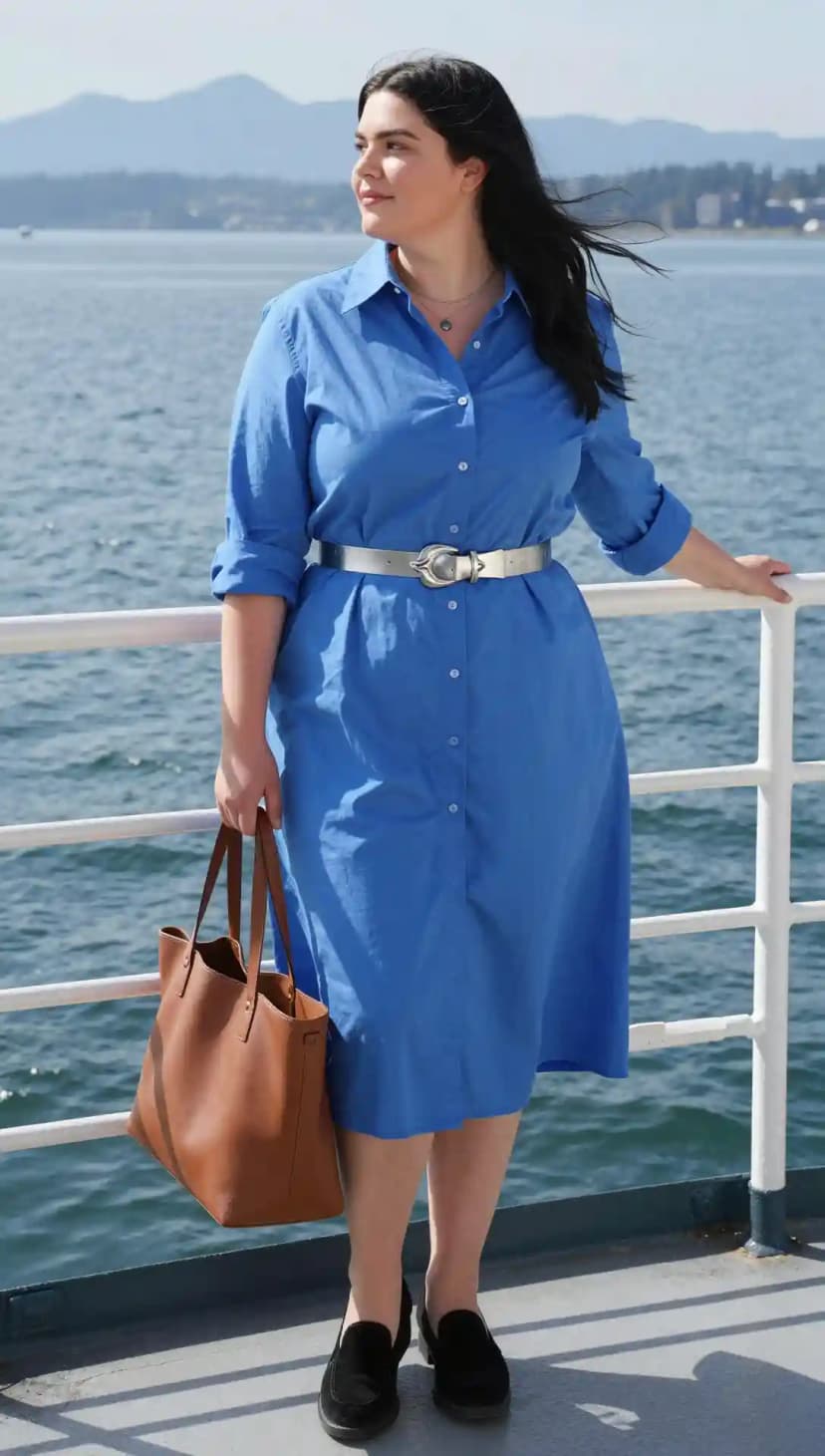Blue Cotton Shirtdress + Silver Leather Belt
