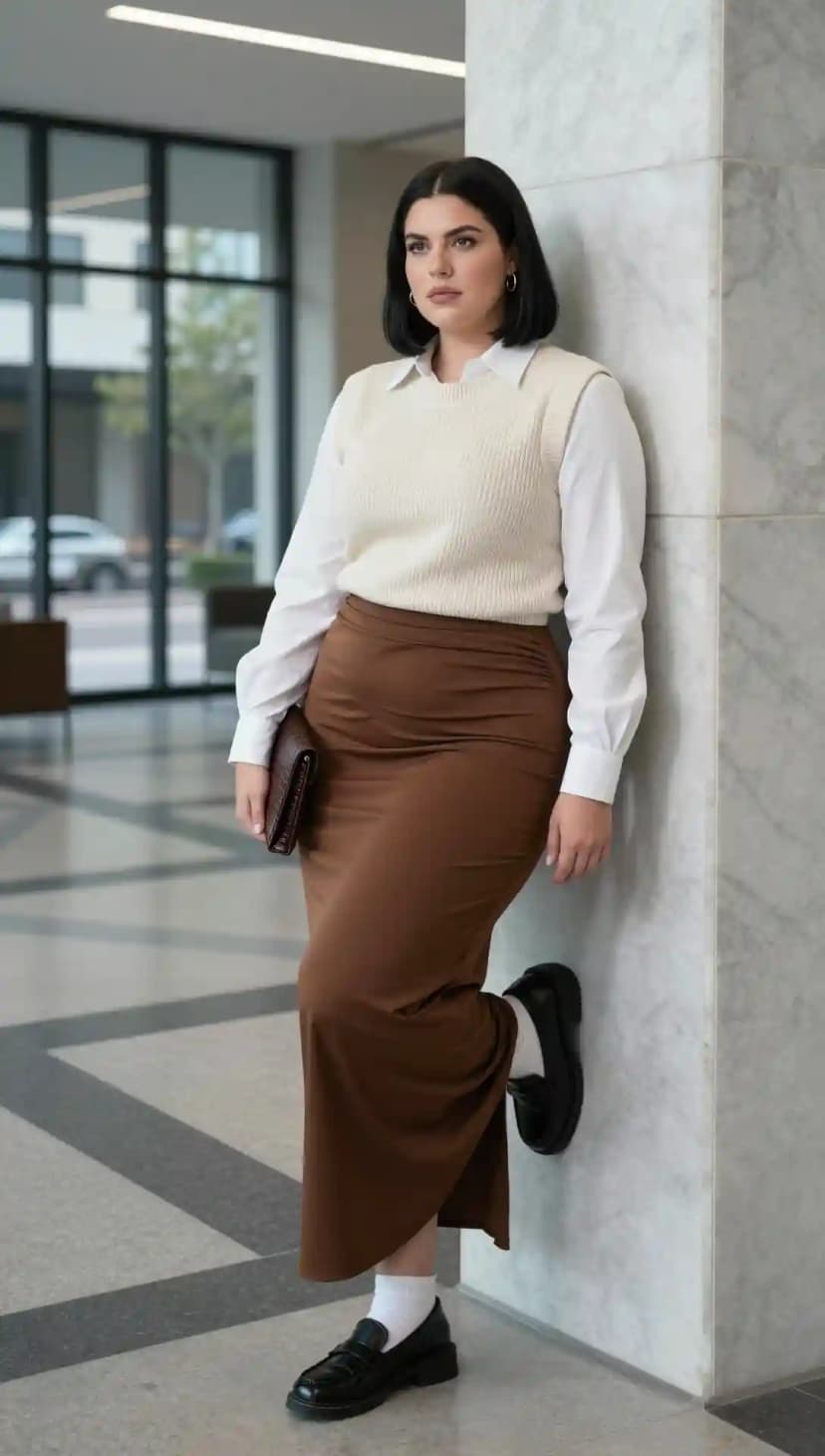 White Poplin Shirt + Cream Cable Knit Vest + Brown Ruched Maxi Skirt