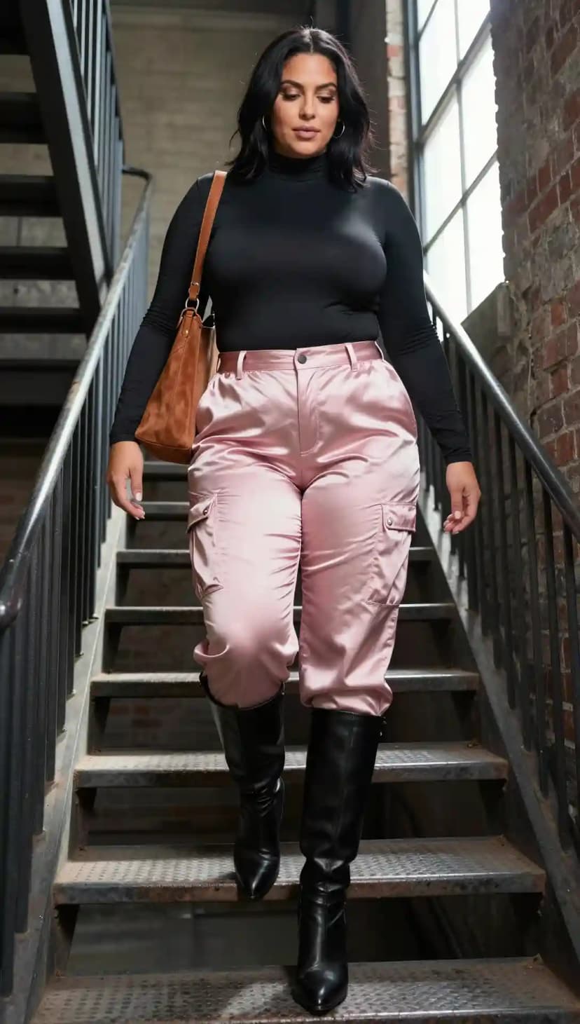 Black Long Sleeve Mock Neck Top + Pink Satin Cargo Pants + Black Leather Boots