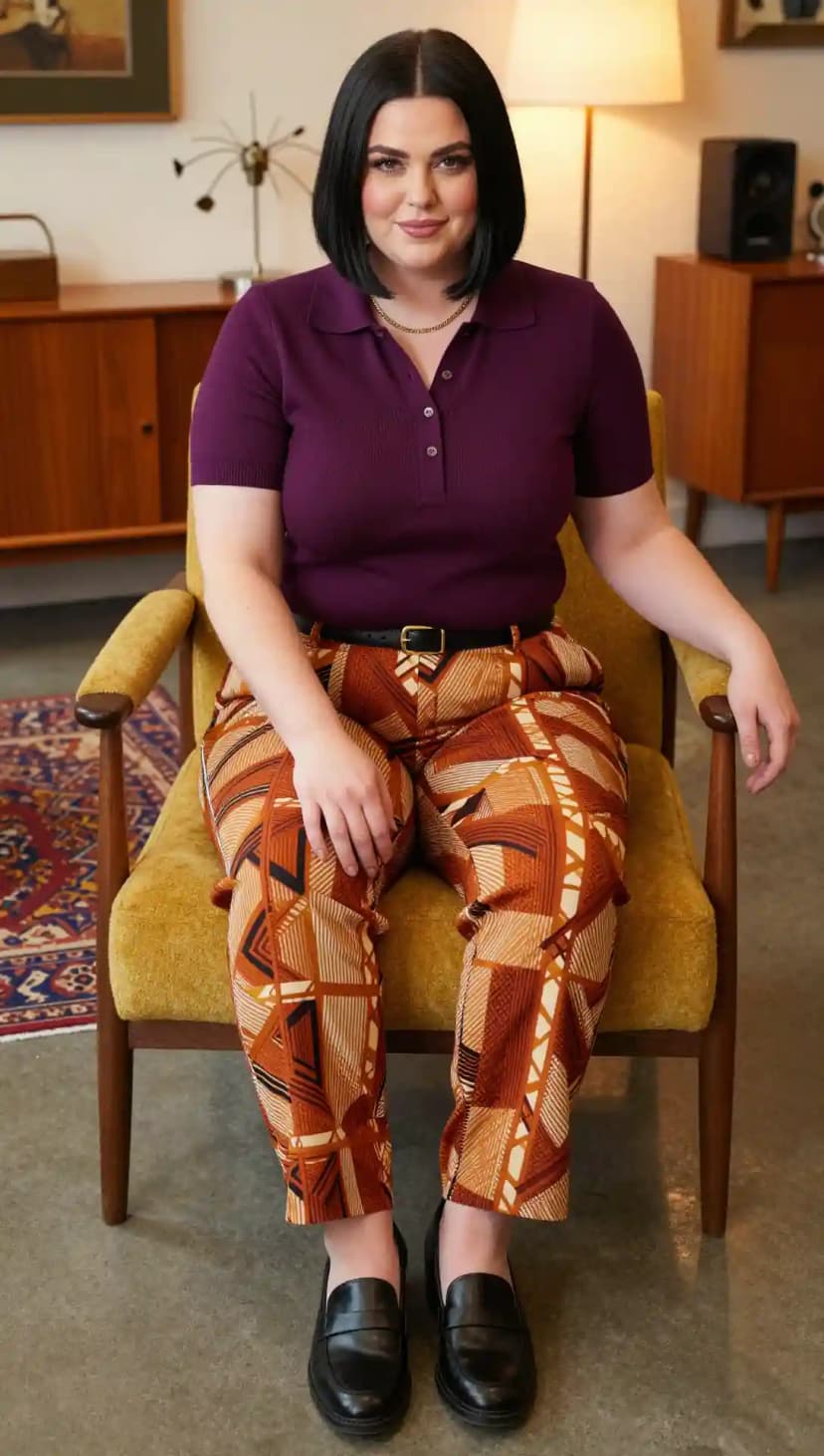 Purple Knit Polo + Brown Geometric Print Trousers