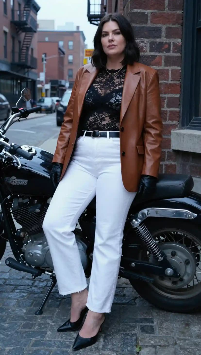 Brown Leather Blazer + Black Lace Bodysuit + White Denim Jeans