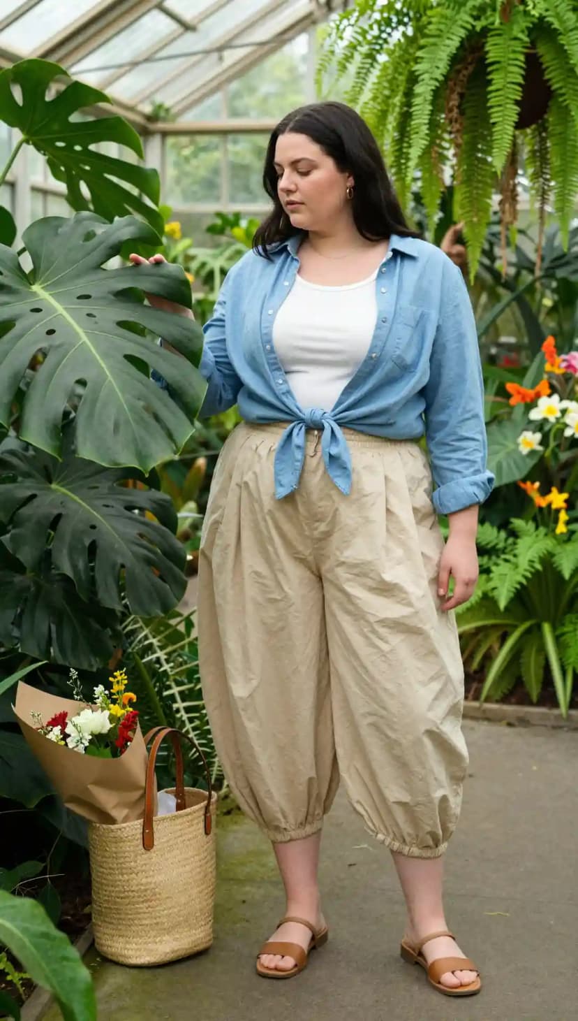 Blue Chambray Shirt + White Ribbed Tank Top + Beige Balloon Pants