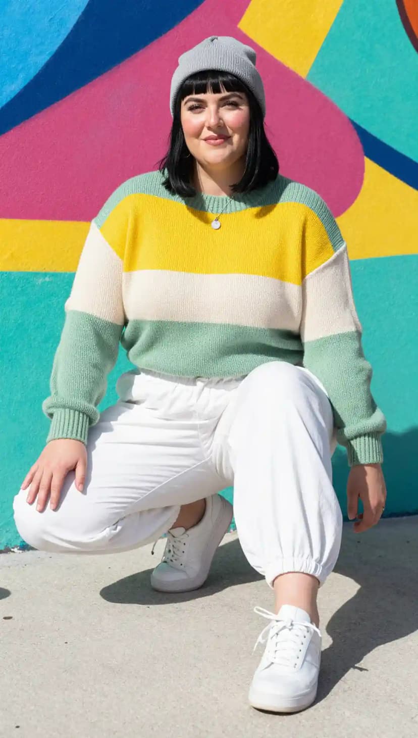 Yellow Cream Mint Striped Knit Sweater + White Linen Trousers