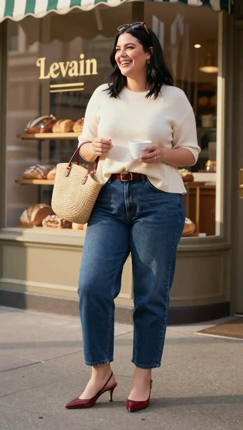 Cream Cashmere Sweater + Blue Denim Jeans + Burgundy Leather Heels