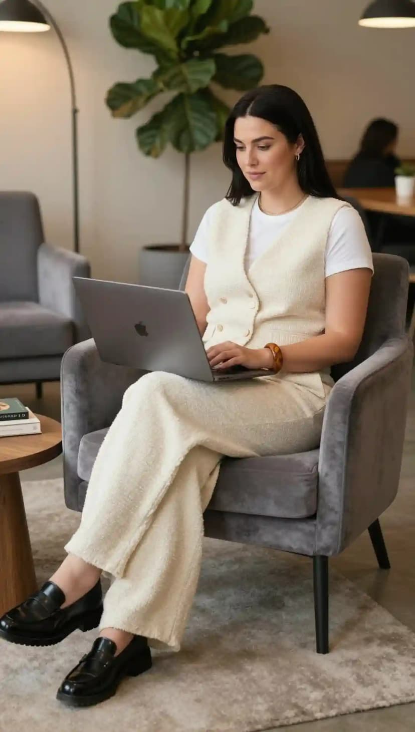 Cream Tweed Vest + White Cotton T-shirt + Cream Tweed Trousers