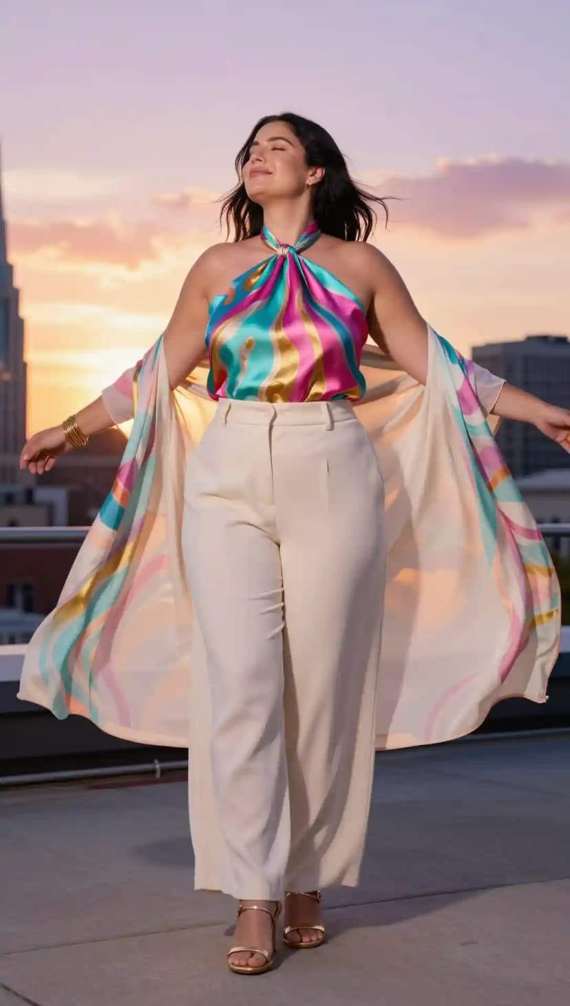 Multi-Color Silk Halter Top + Cream Wide-Leg Trousers + Multi-Color Silk Cape