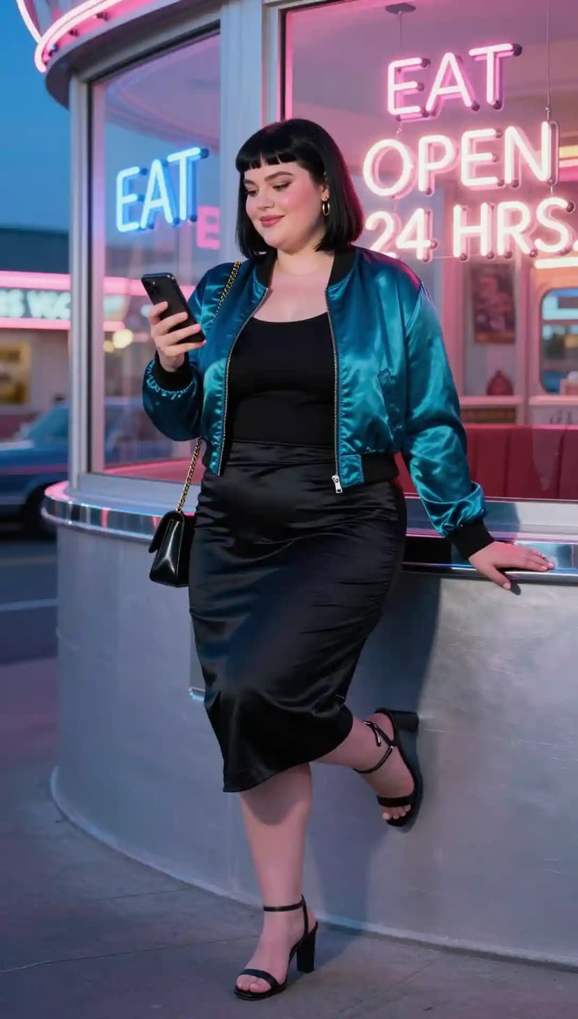 Teal Satin Bomber Jacket + Black Ribbed Tank Top + Black Satin Midi Skirt