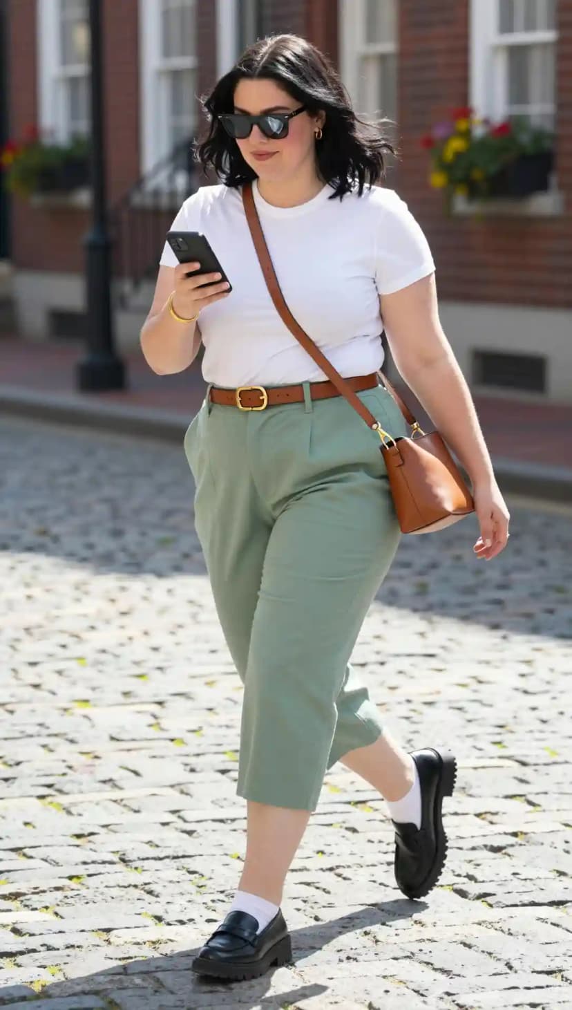 White Cotton T-shirt + Sage Cotton Trousers + Black Leather Loafers