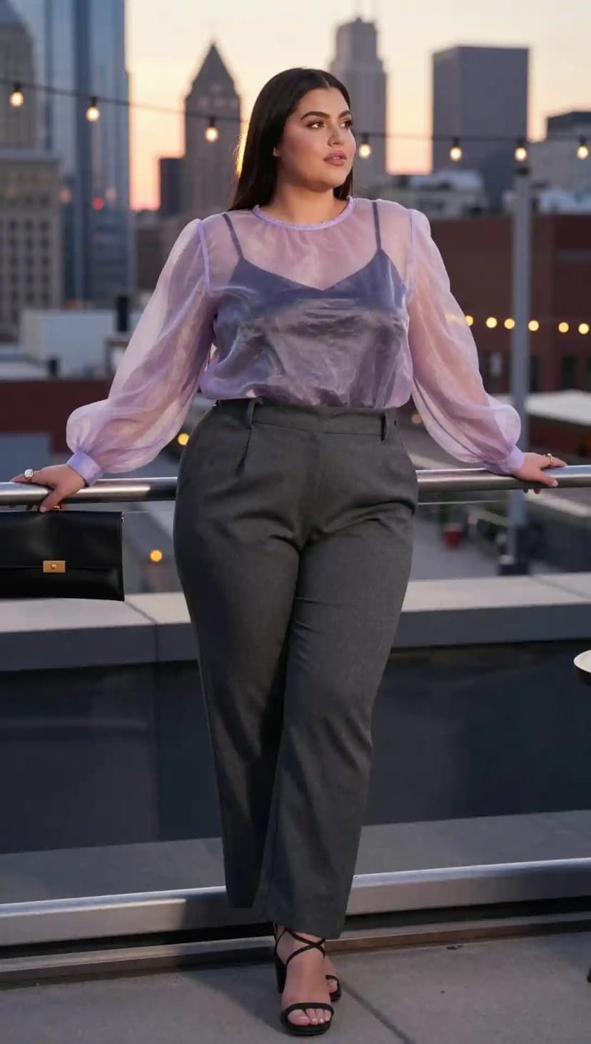 Lavender Sheer Organza Top + Grey Wool Trousers