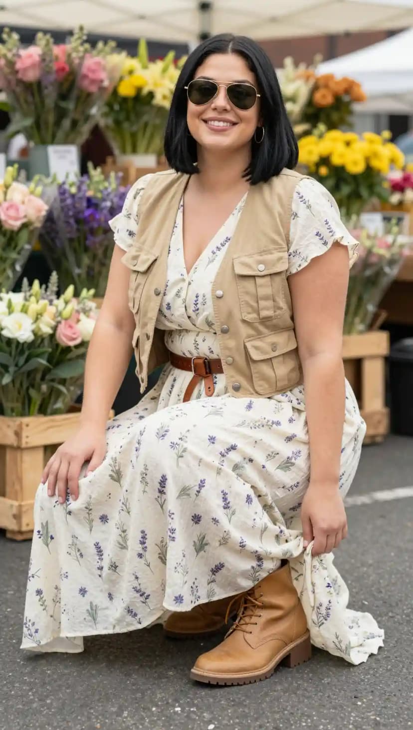 Cream Floral Gauze Dress + Tan Canvas Vest + Brown Leather Belt