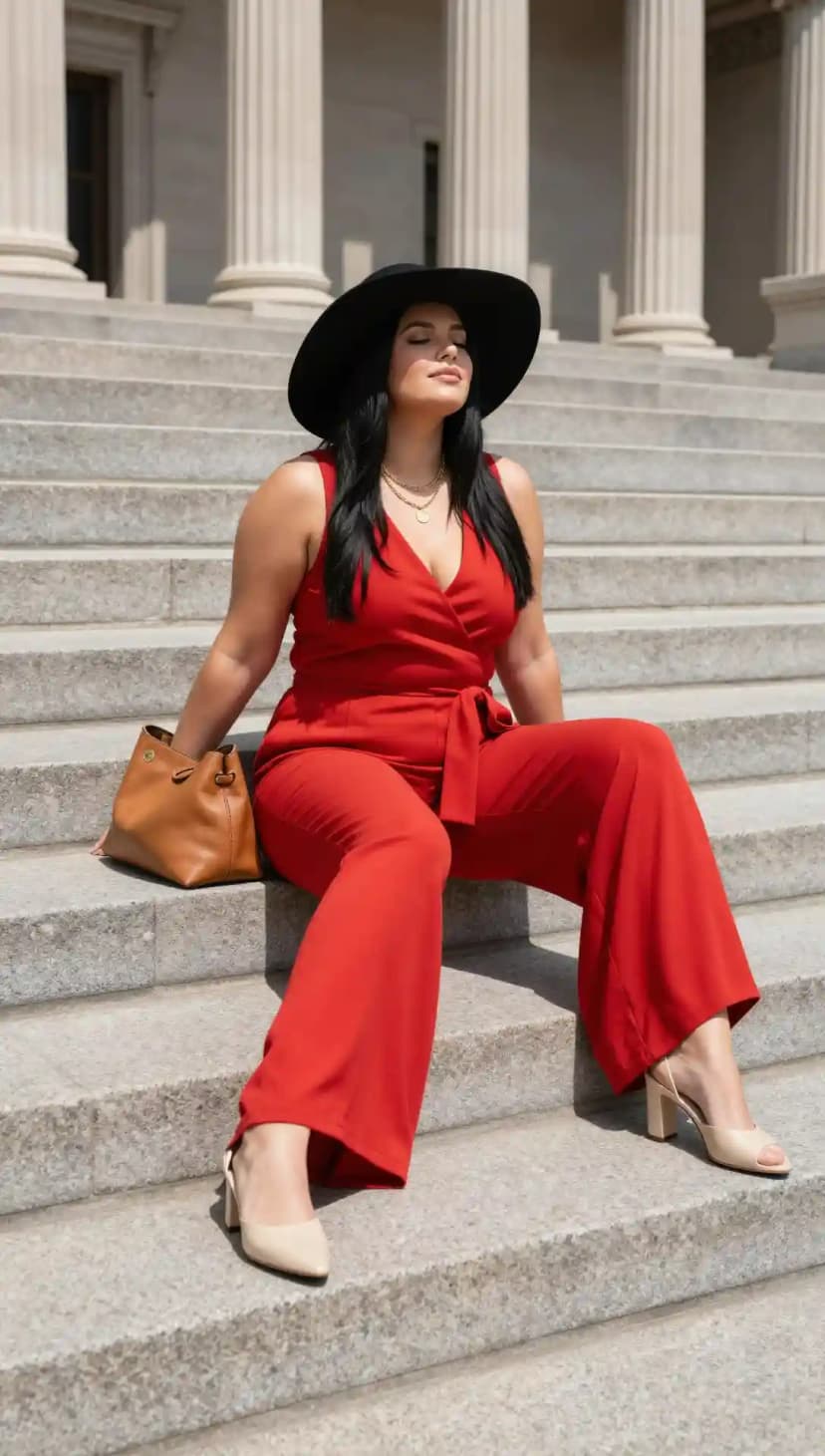 Red Crepe Wrap Jumpsuit + Black Wide-Brim Hat