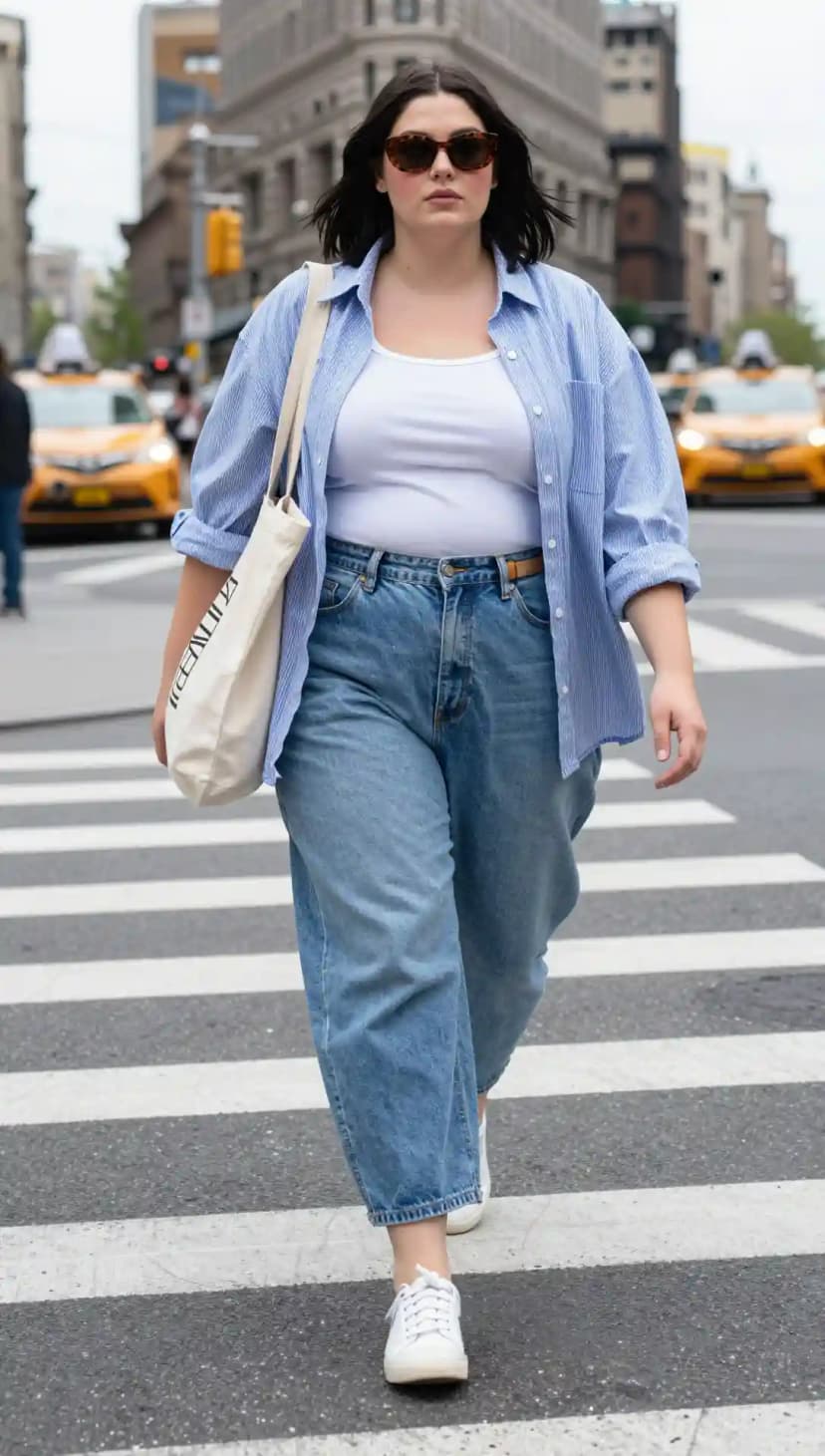 White Cotton Tank + Blue Stripe Cotton Button-Up Shirt + Light Wash Denim Jeans