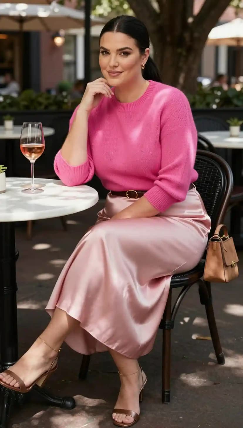 Hot Pink Knit Sweater + Rose Satin Midi Skirt