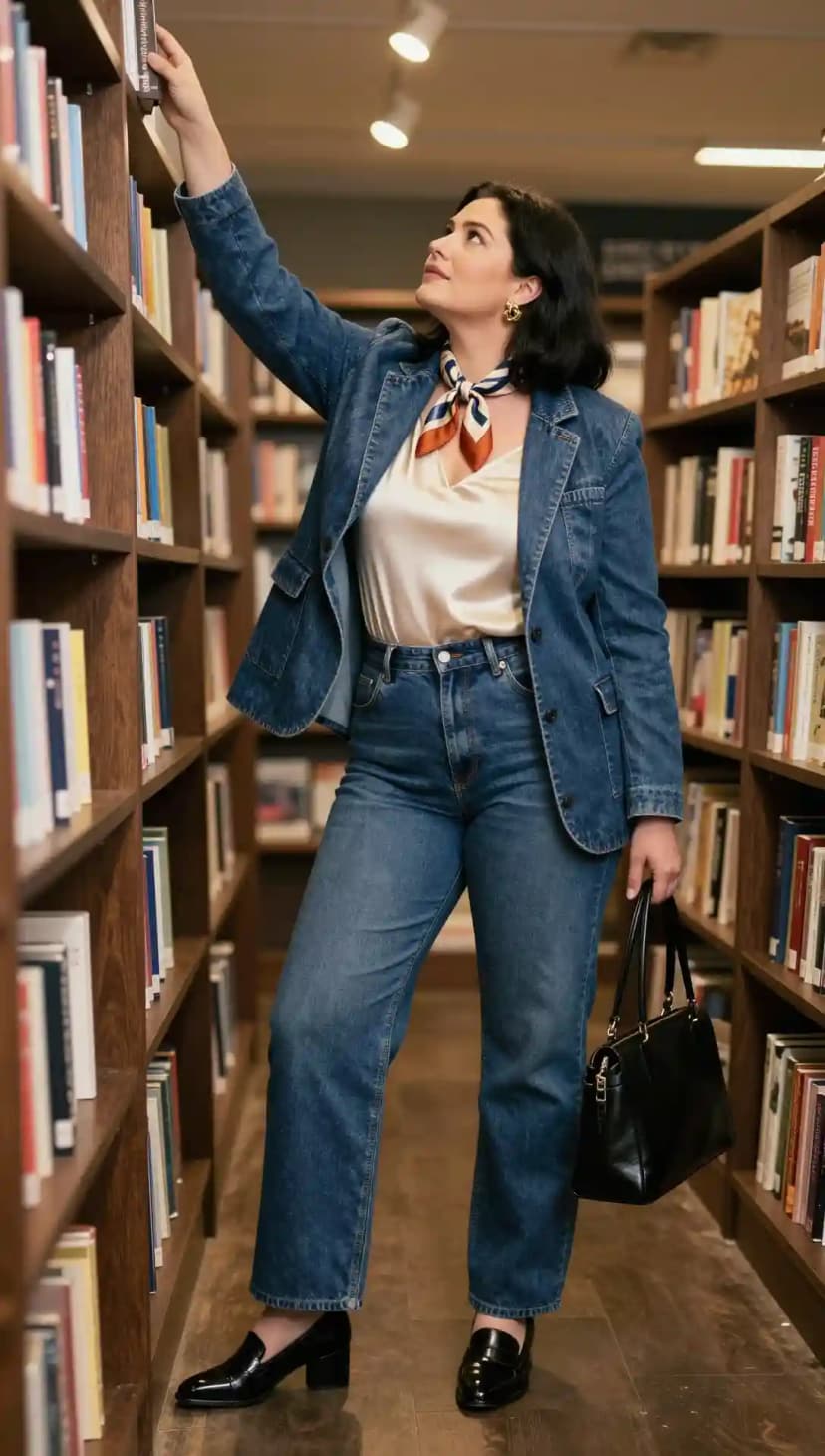 Cream Satin Camisole + Blue Denim Jacket + Blue Denim Jeans