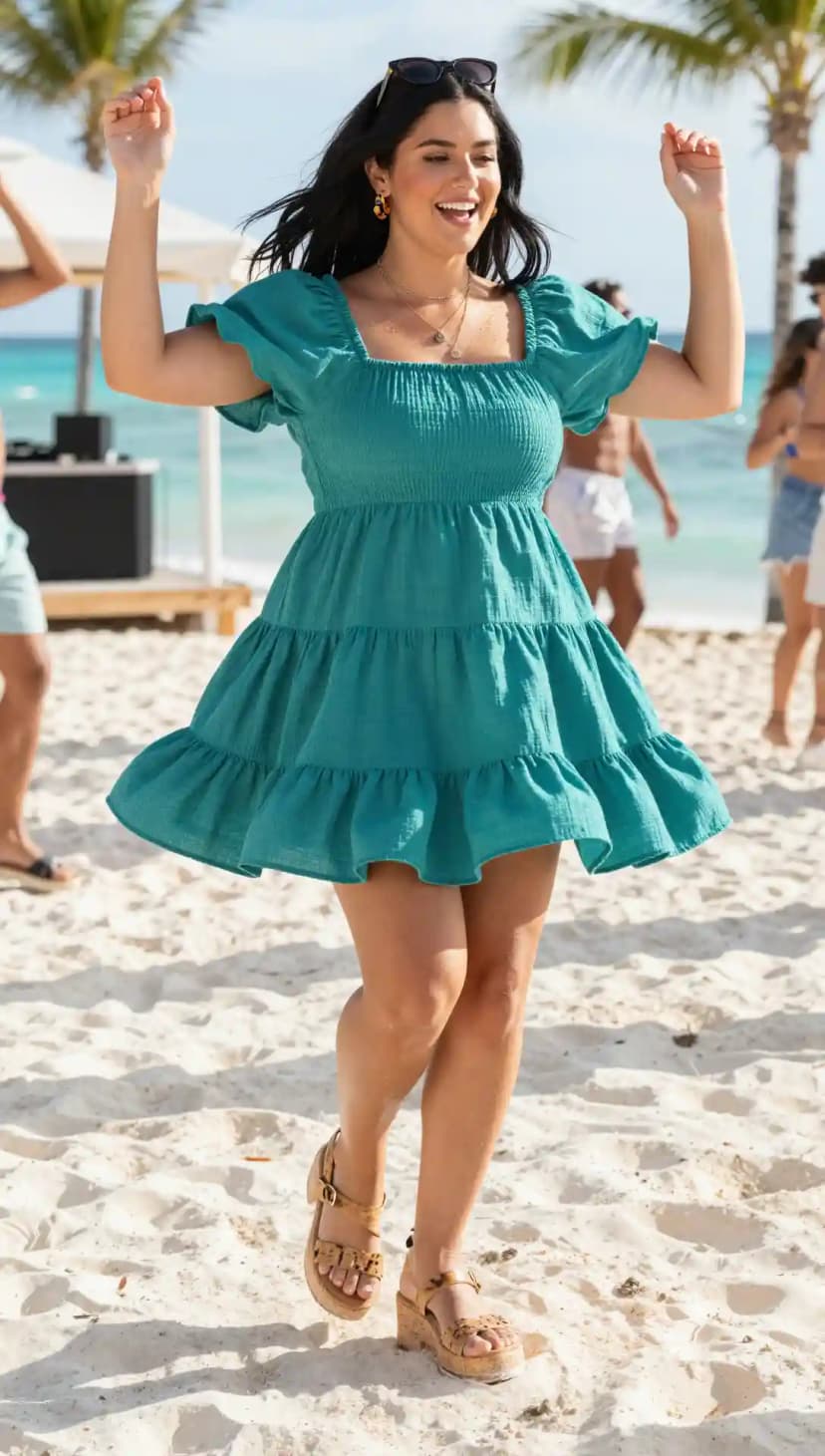Teal Gauze Smocked Mini Dress + Tan Platform Sandals