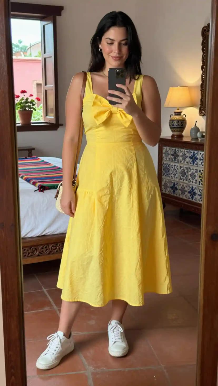 Yellow Cotton Bow Dress + White Canvas Sneakers