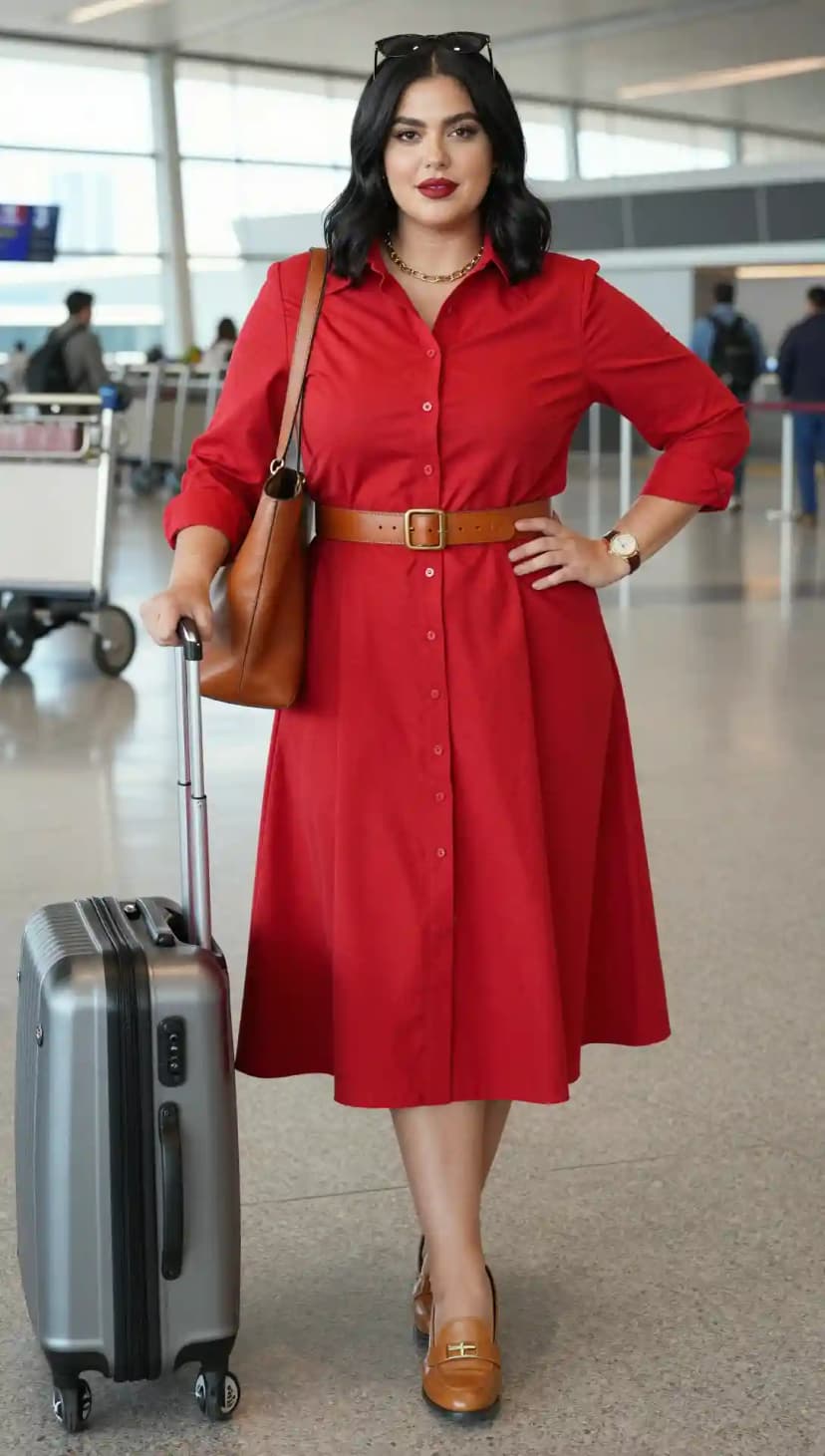 Red Cotton Shirt Dress + Brown Leather Belt + Brown Leather Loafers