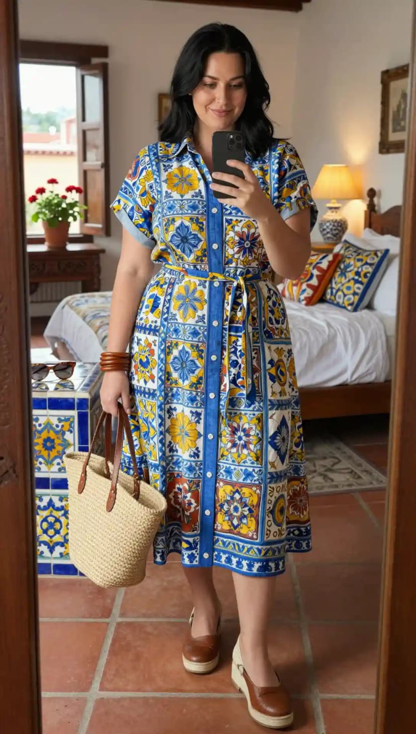 Blue Ceramic Print Cotton Shirt Dress