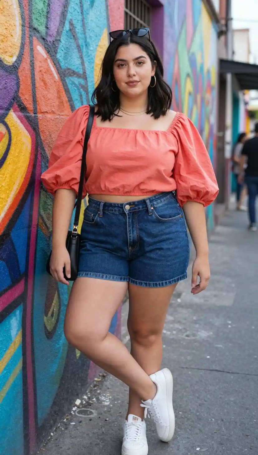 Coral Cotton Puff-Sleeve Crop Top + Blue Denim Cutoff Shorts