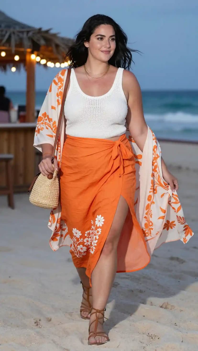 White Knit Tank + Orange Embroidered Wrap Skirt + White Floral Kimono