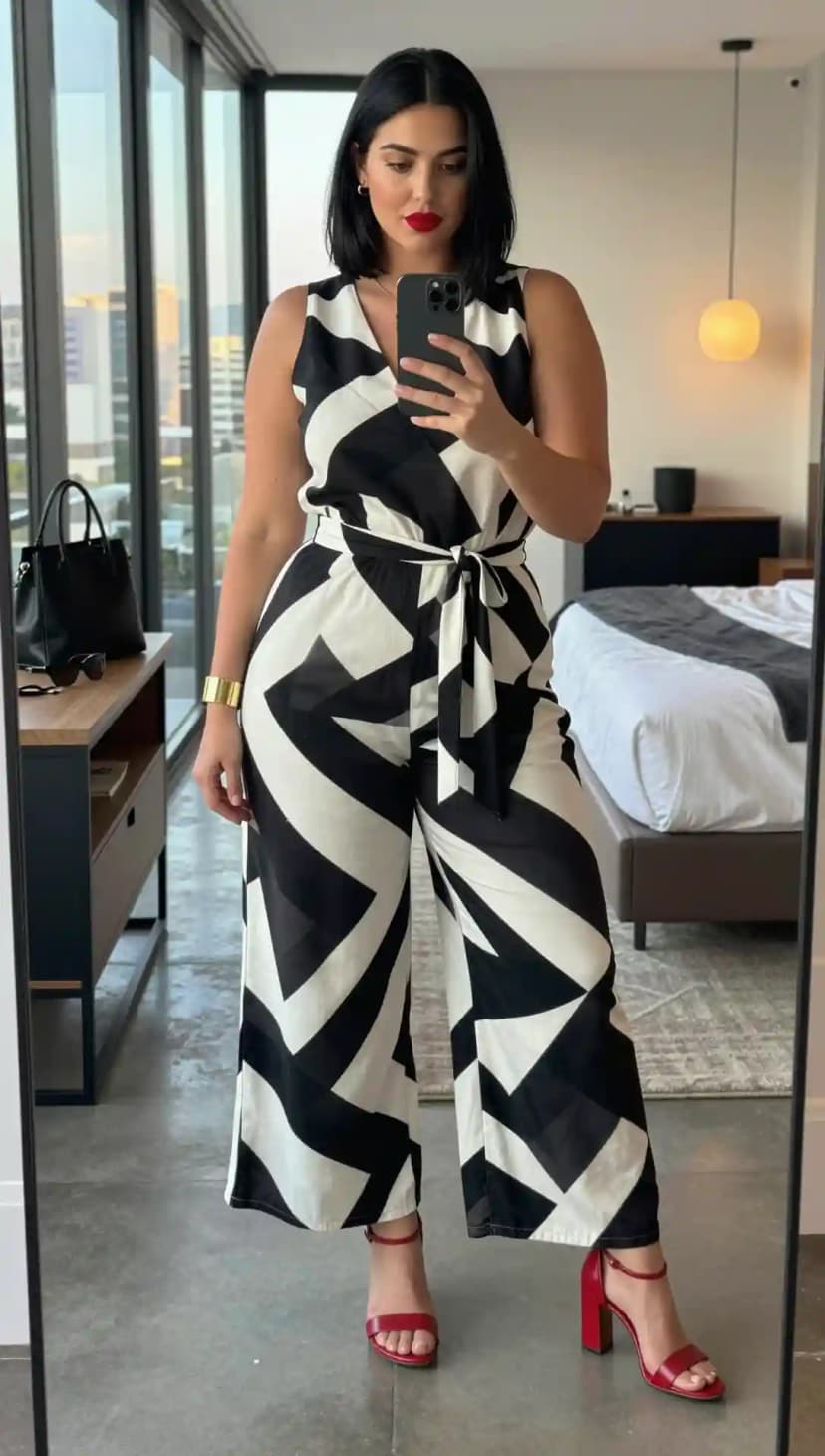 Black and White Geometric Print Jumpsuit
