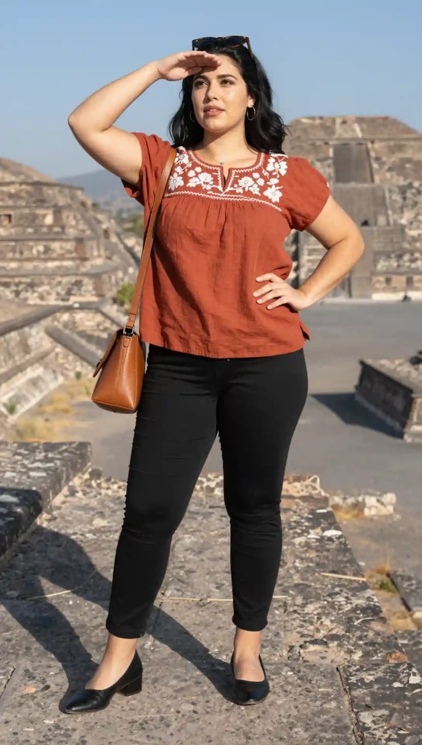 Rust Embroidered Cotton Top + Black Stretch Denim Jeans