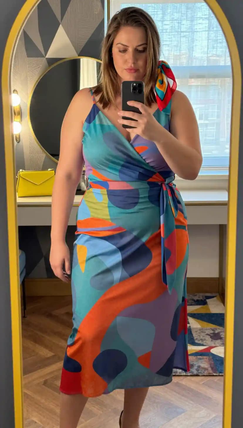 Teal Abstract Print Wrap Midi Dress