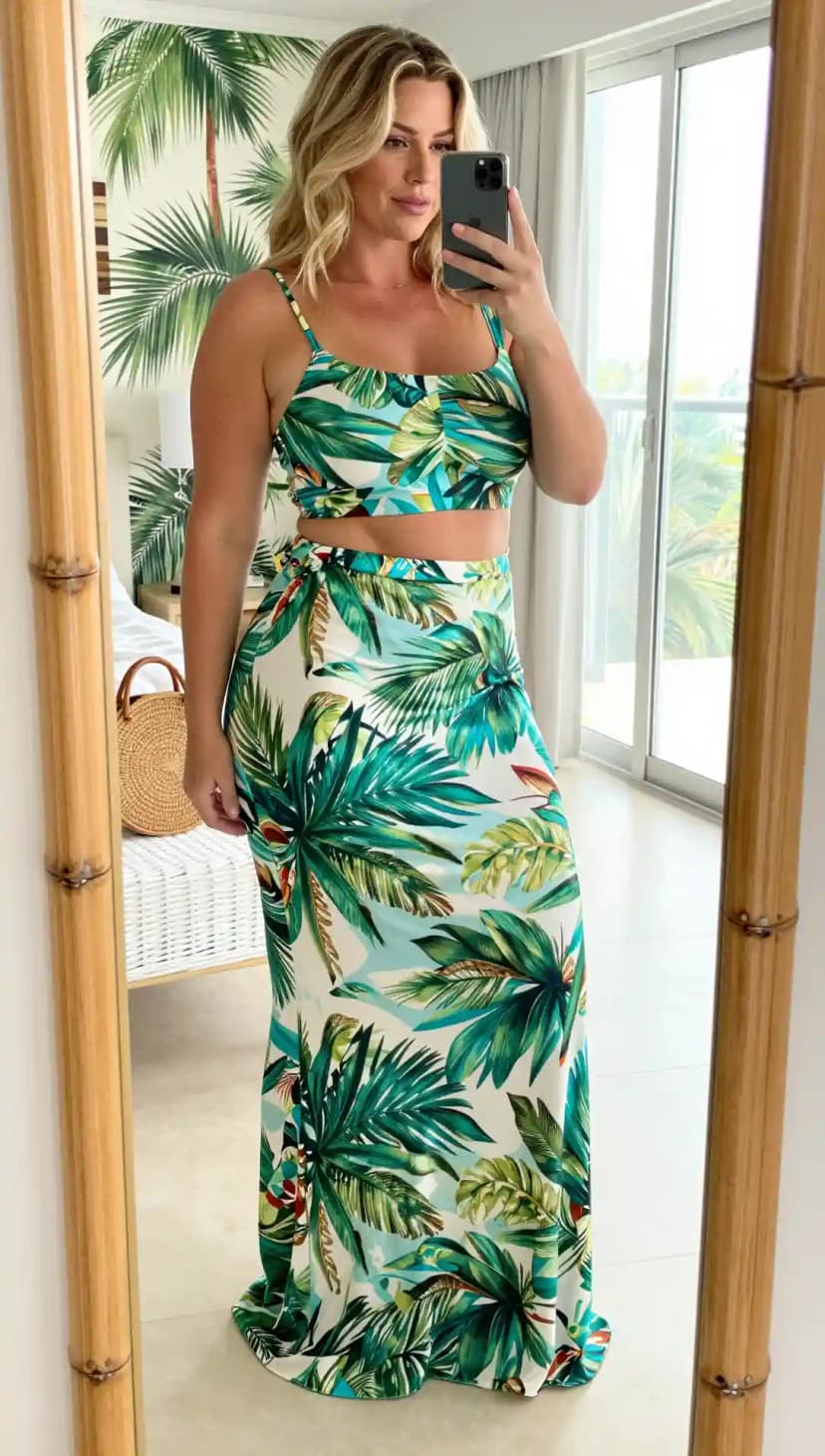 Green Tropical Print Crop Top + Green Tropical Print Maxi Skirt