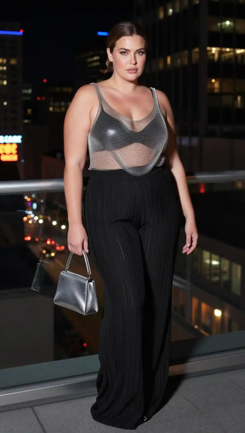 Silver Chain Mesh Tank Top + Black Pleated Wide-Leg Pants