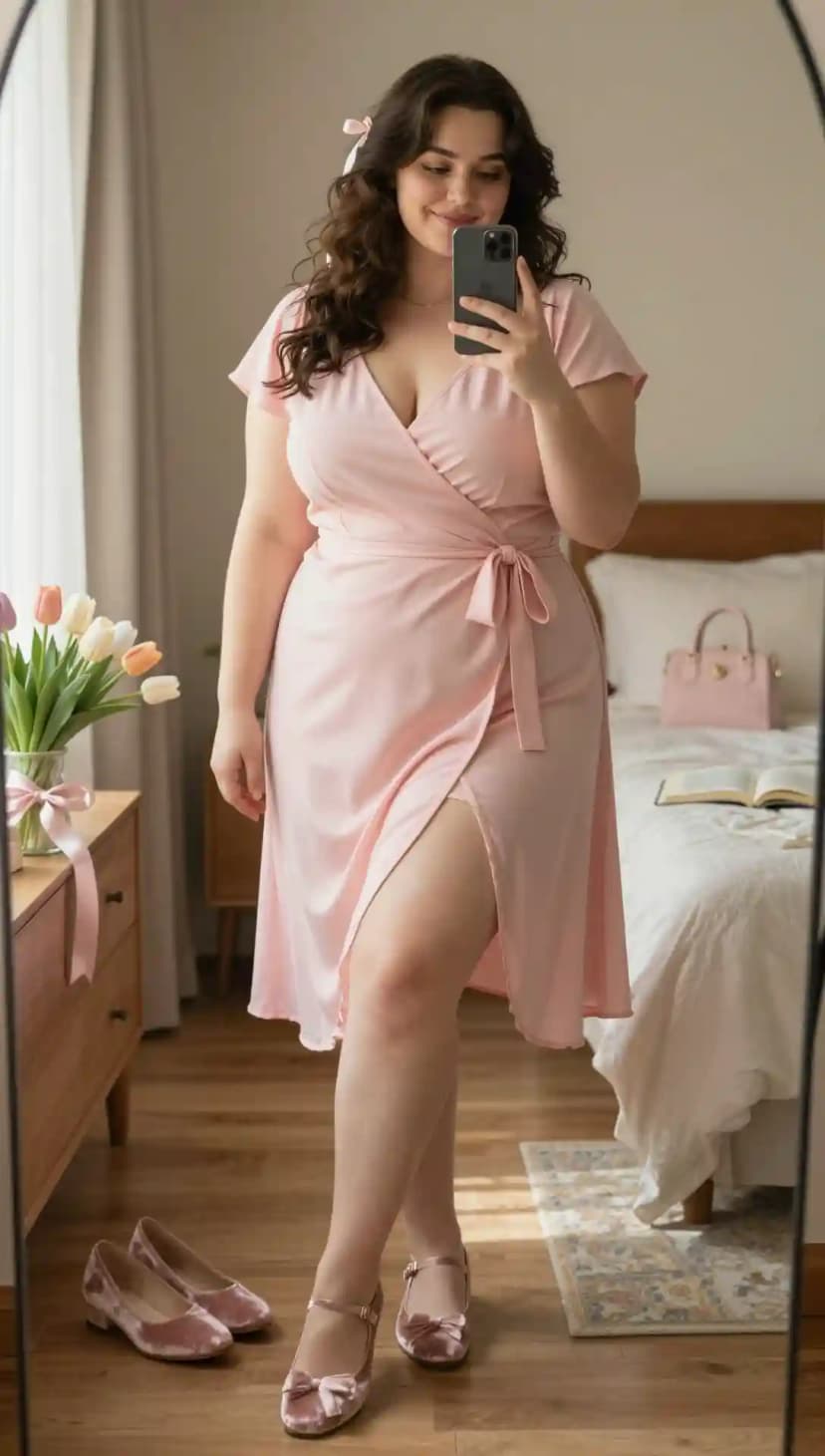 Pink Satin Wrap Midi Dress + Pink Velvet Mary Jane Flats