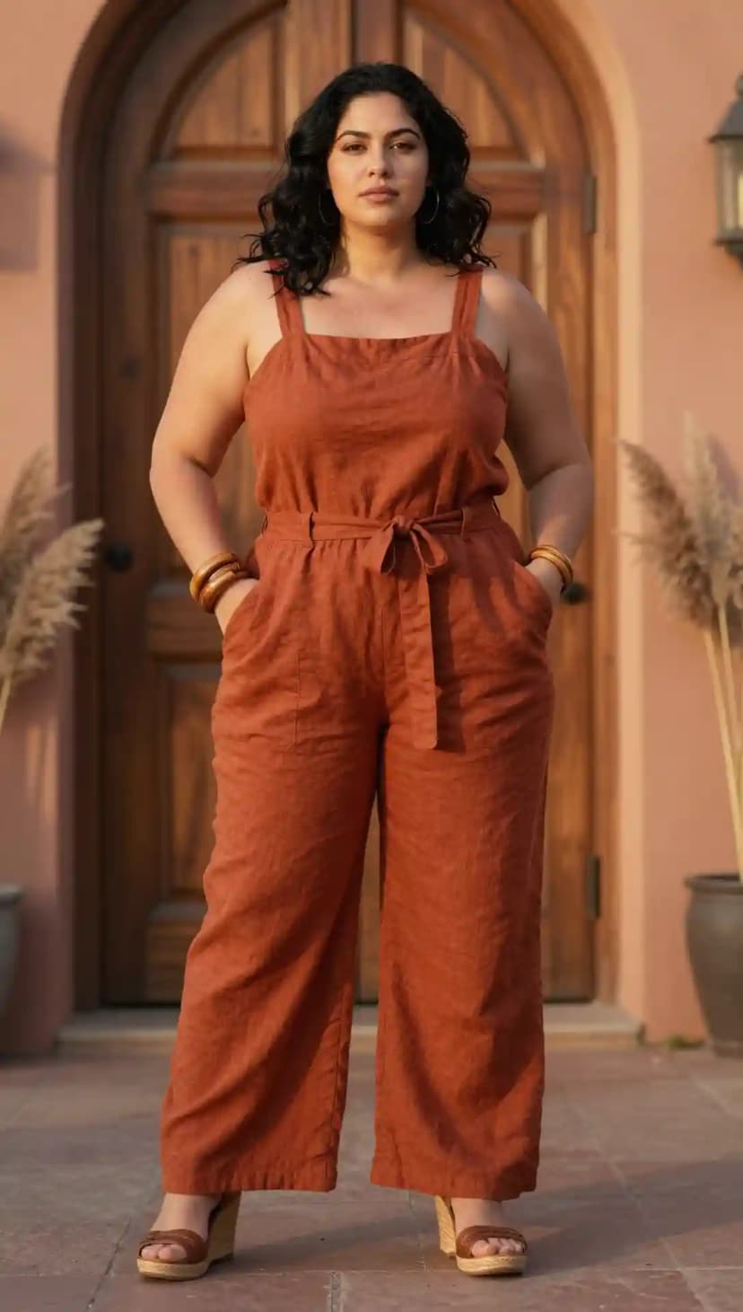 Rust Linen Wide-Leg Jumpsuit
