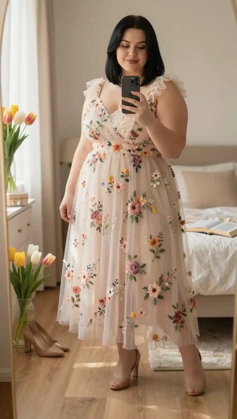 Cream Embroidered Tulle Dress