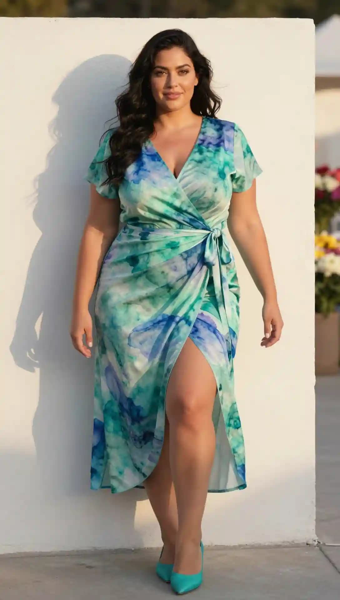 Teal Watercolor Print Silk Wrap Dress