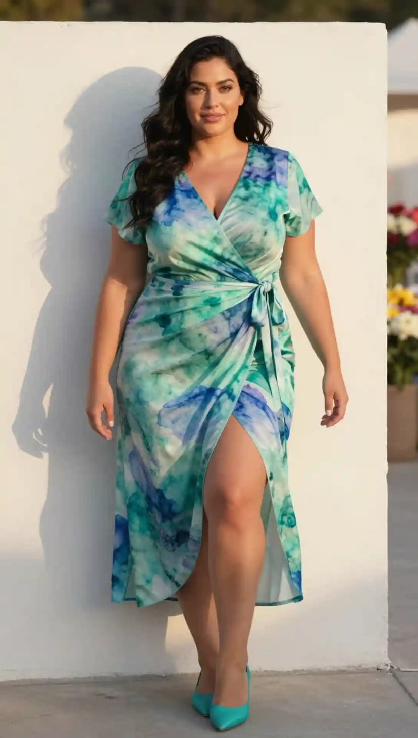 Teal Watercolor Print Silk Wrap Dress