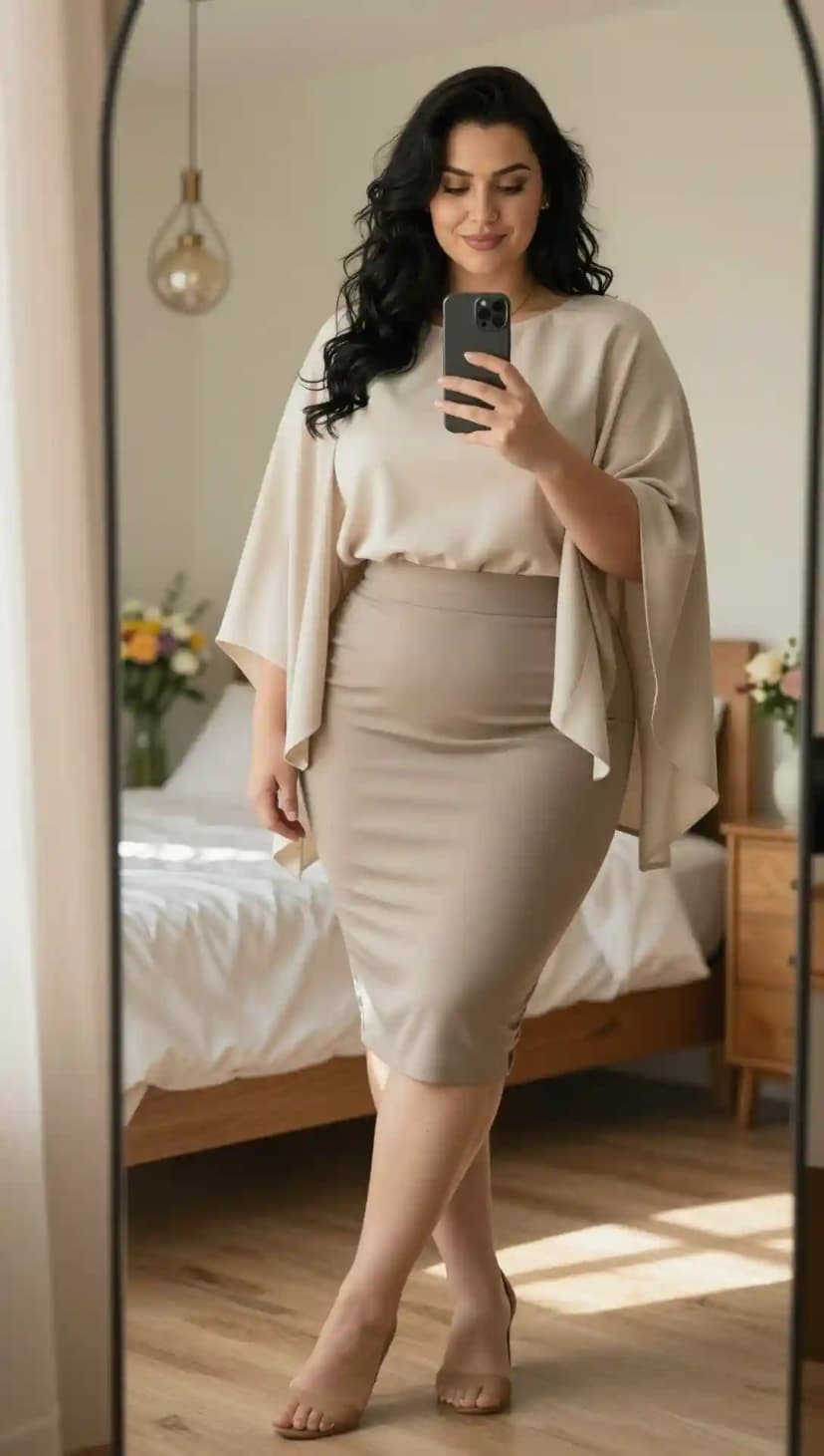 Cream Drape Top + Beige Pencil Skirt