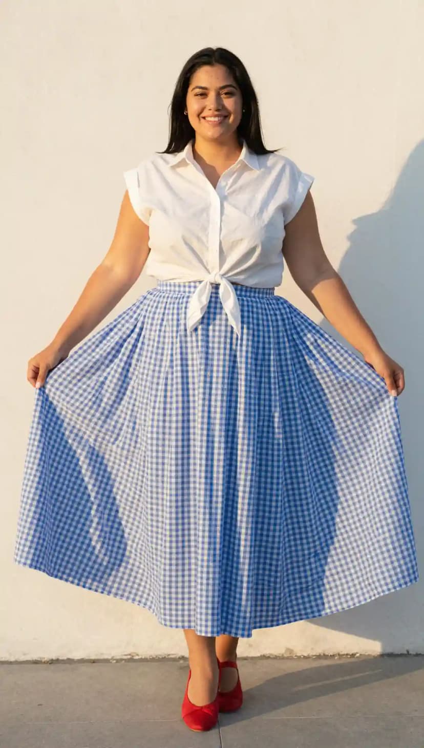 White Cotton Poplin Shirt + Blue Gingham Cotton Midi Skirt