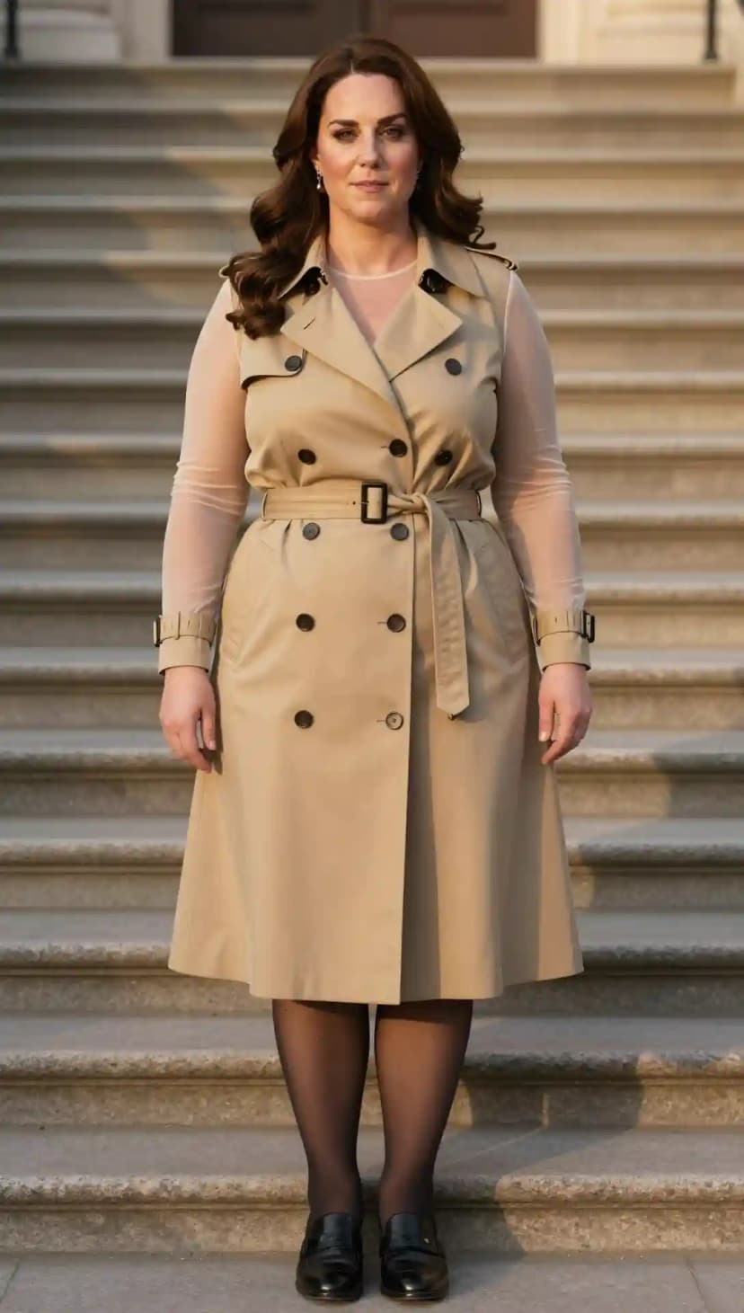 Beige Trench Coat + Sheer Long Sleeve Top + Black Tights