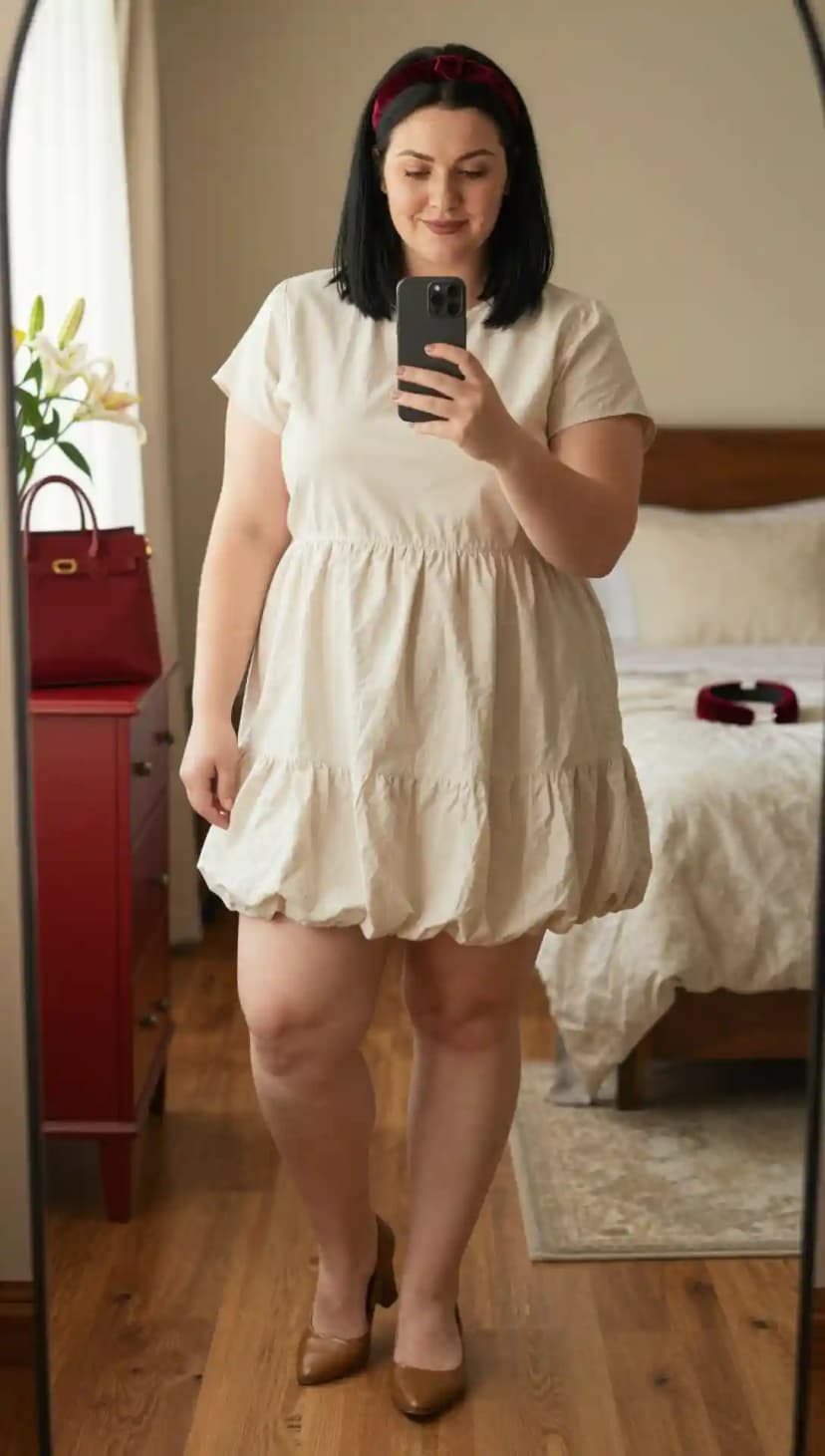 Cream Cotton Puff Sleeve Mini Dress + Brown Leather Block Heels