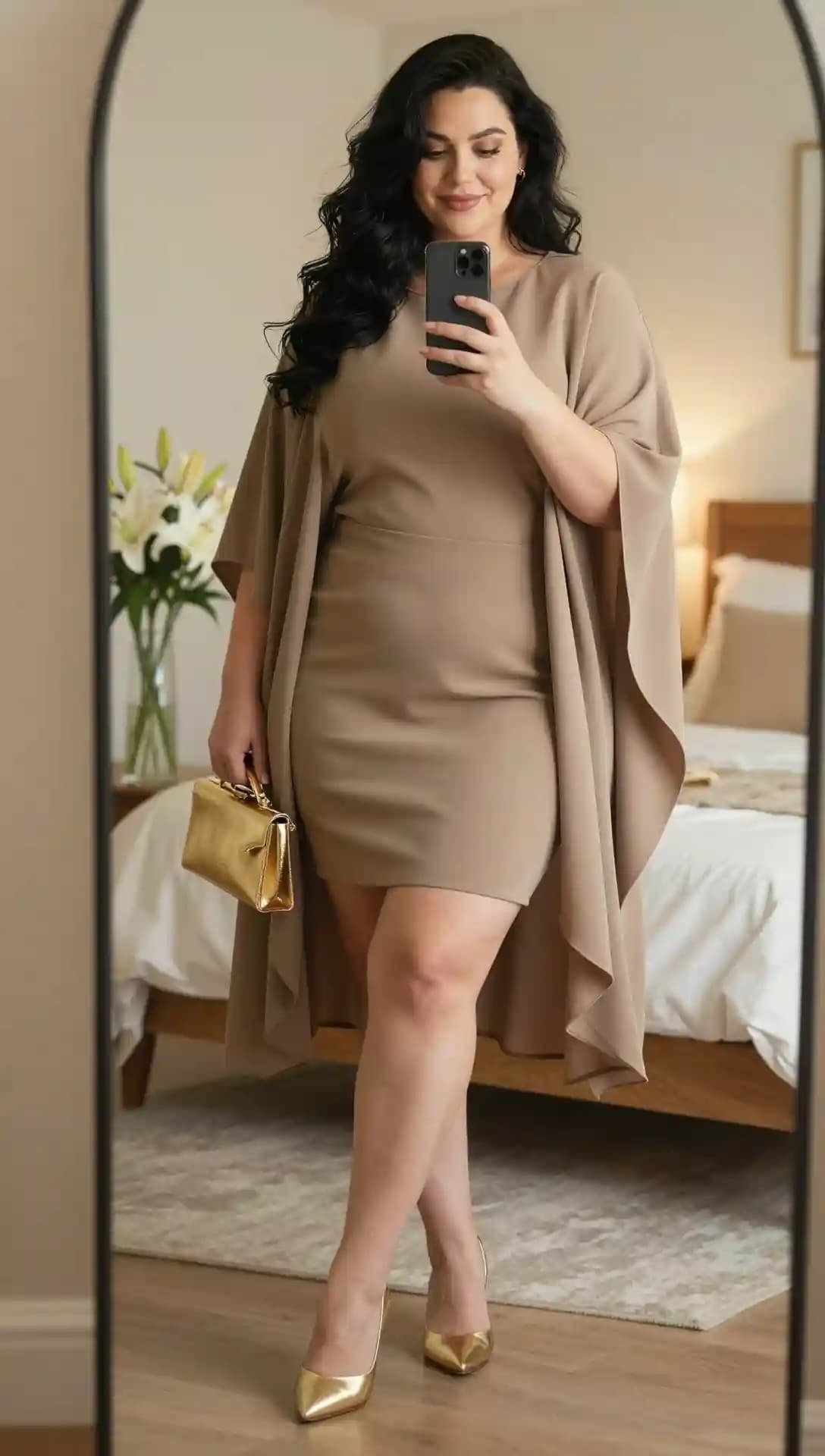 Taupe Crepe Dress + Taupe Chiffon Cape