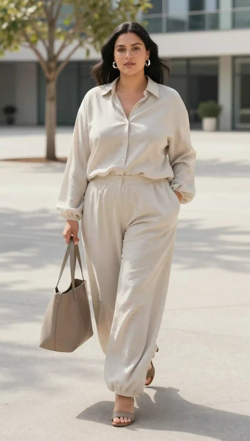 Cream Linen Button-Down Shirt + Cream Linen Drawstring Pants + Grey Block Heels + Grey Tote Bag