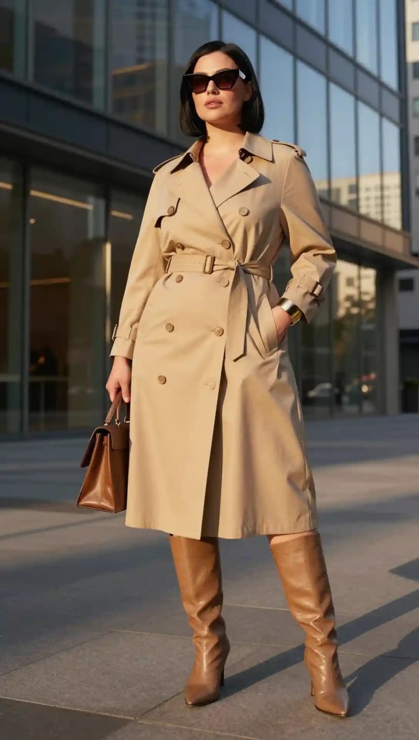 Beige Trench Coat + Brown Knee-High Boots + Brown Structured Handbag