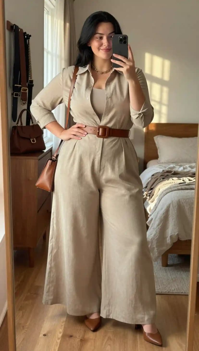 Linen Jumpsuit + Tan Tank Top + Brown Belt + Brown Heels + Gold Chain Necklace