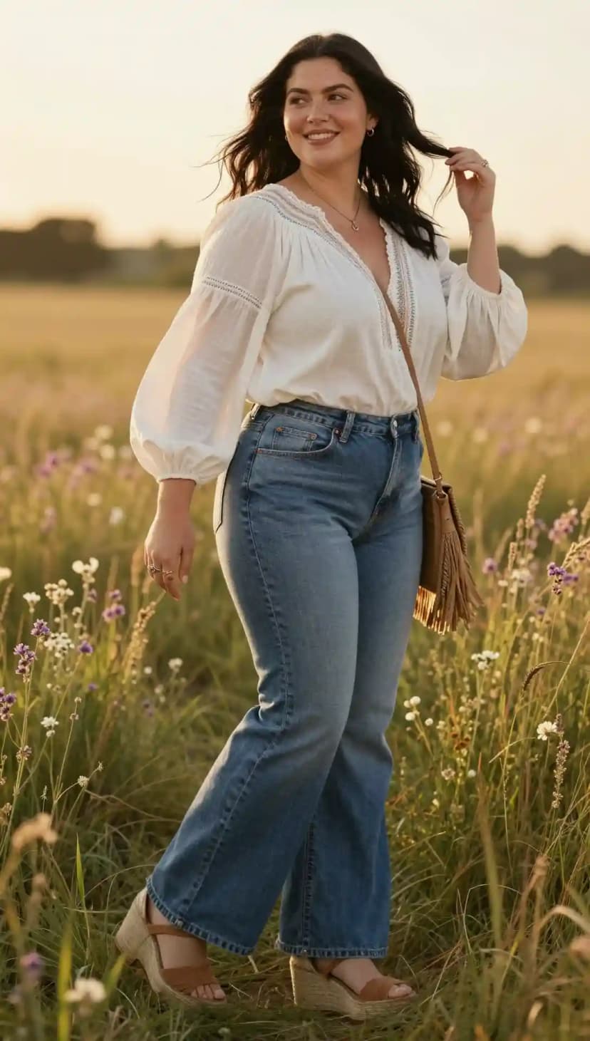 White Embroidered Blouse + High-Waisted Flare Jeans + Brown Wedge Espadrilles