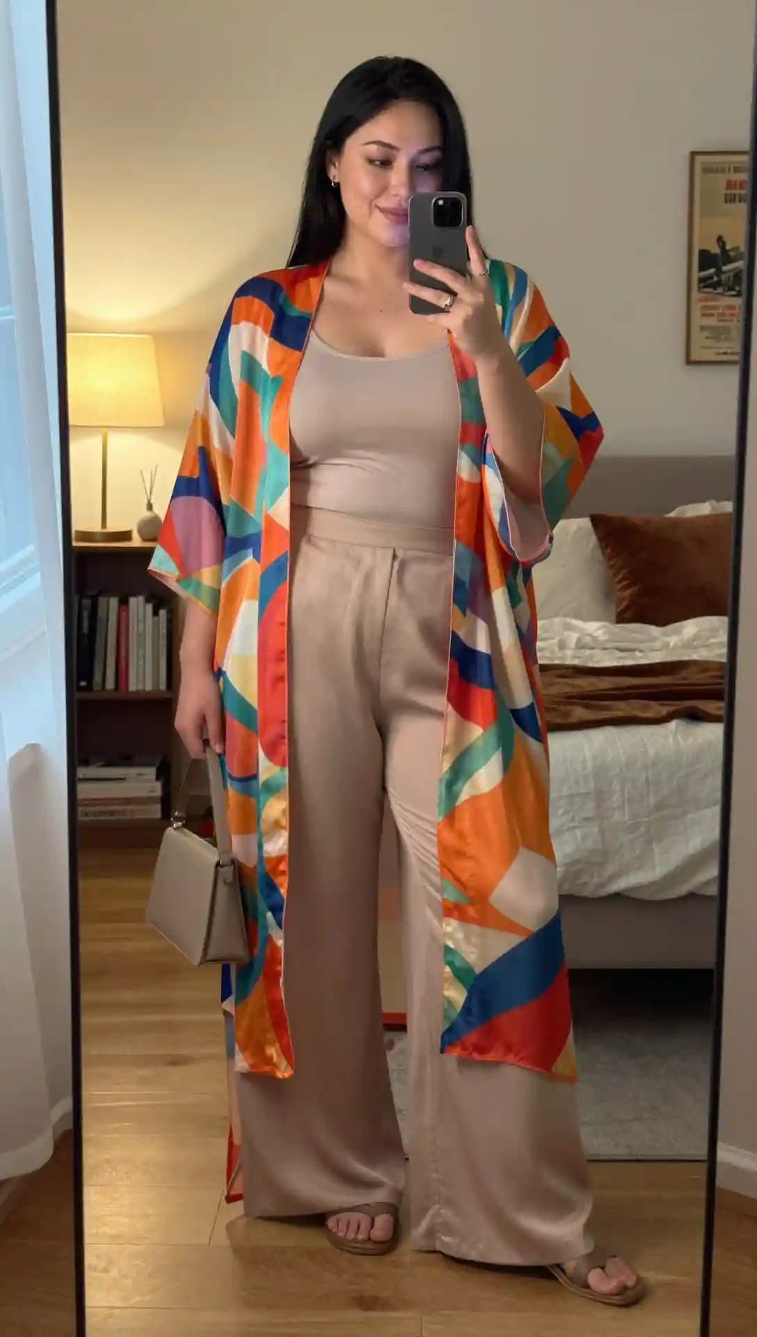 Colorful Geometric Kimono + Beige Tank Top + Beige Wide-Leg Pants