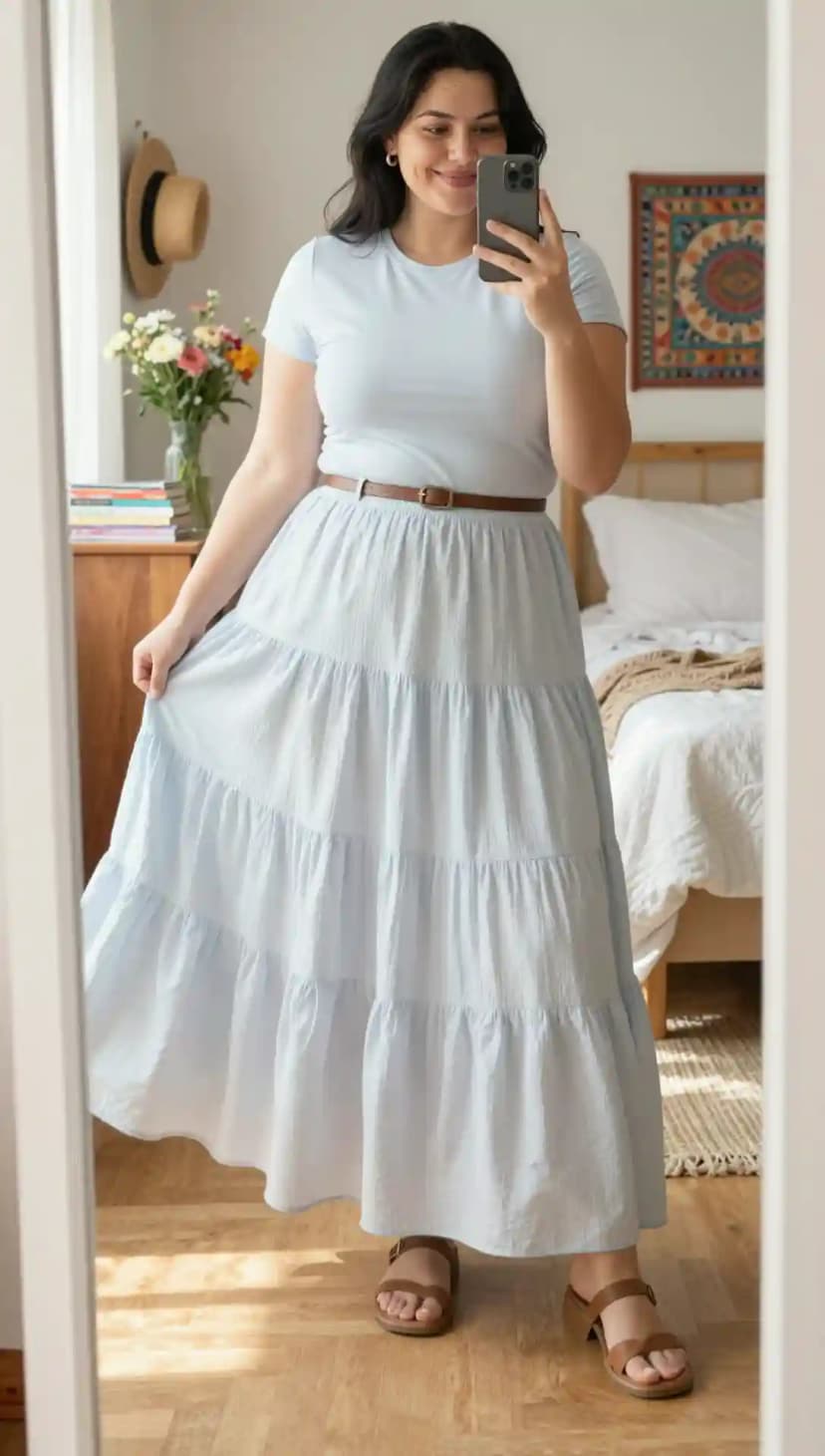 Light Blue T-shirt Dress + Brown Belt + Brown Sandals