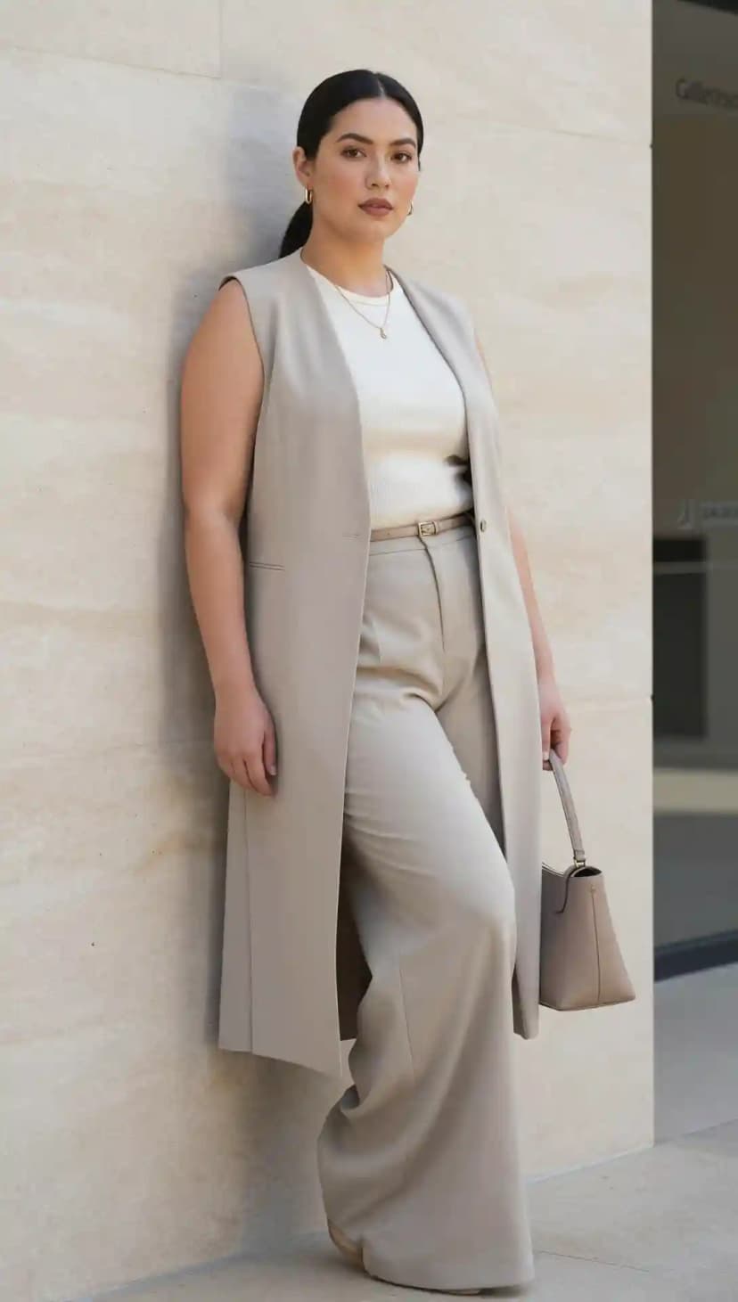 Cream Ribbed Tank Top + Beige Wide-Leg Trousers + Beige Sleeveless Vest